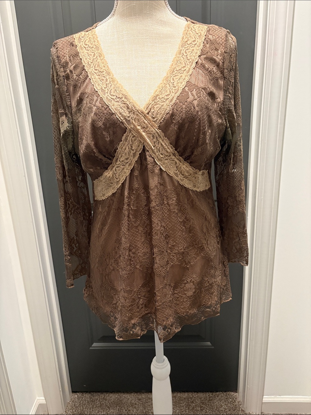 Lace-Trim Brown Sheer V-Neck Women's Top
